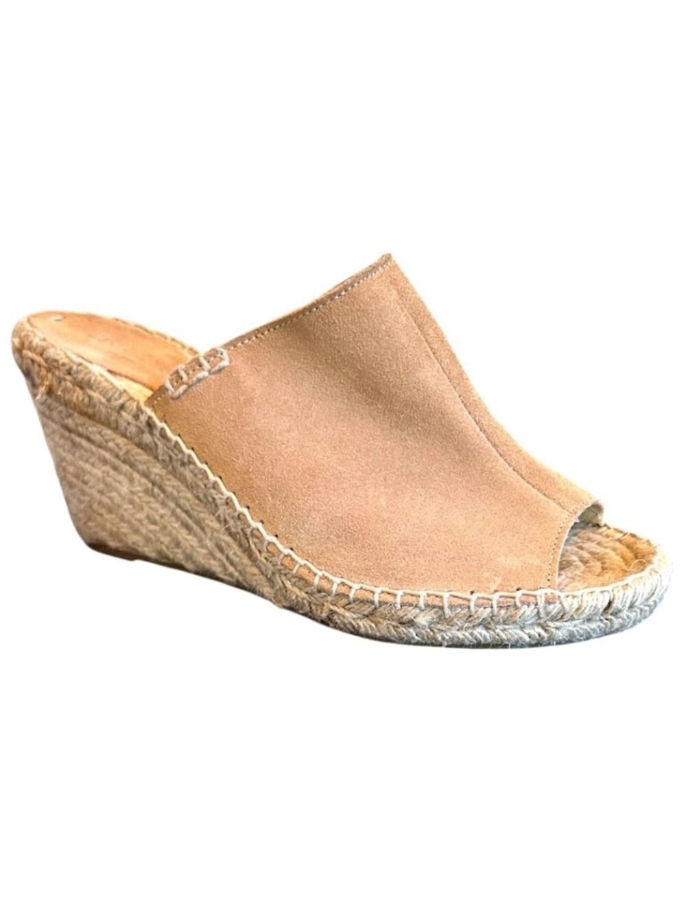 Soludos Espadrille Wedge Sandals 8 Tan Suede Leather Mule Peep Toe Quiet Luxury
